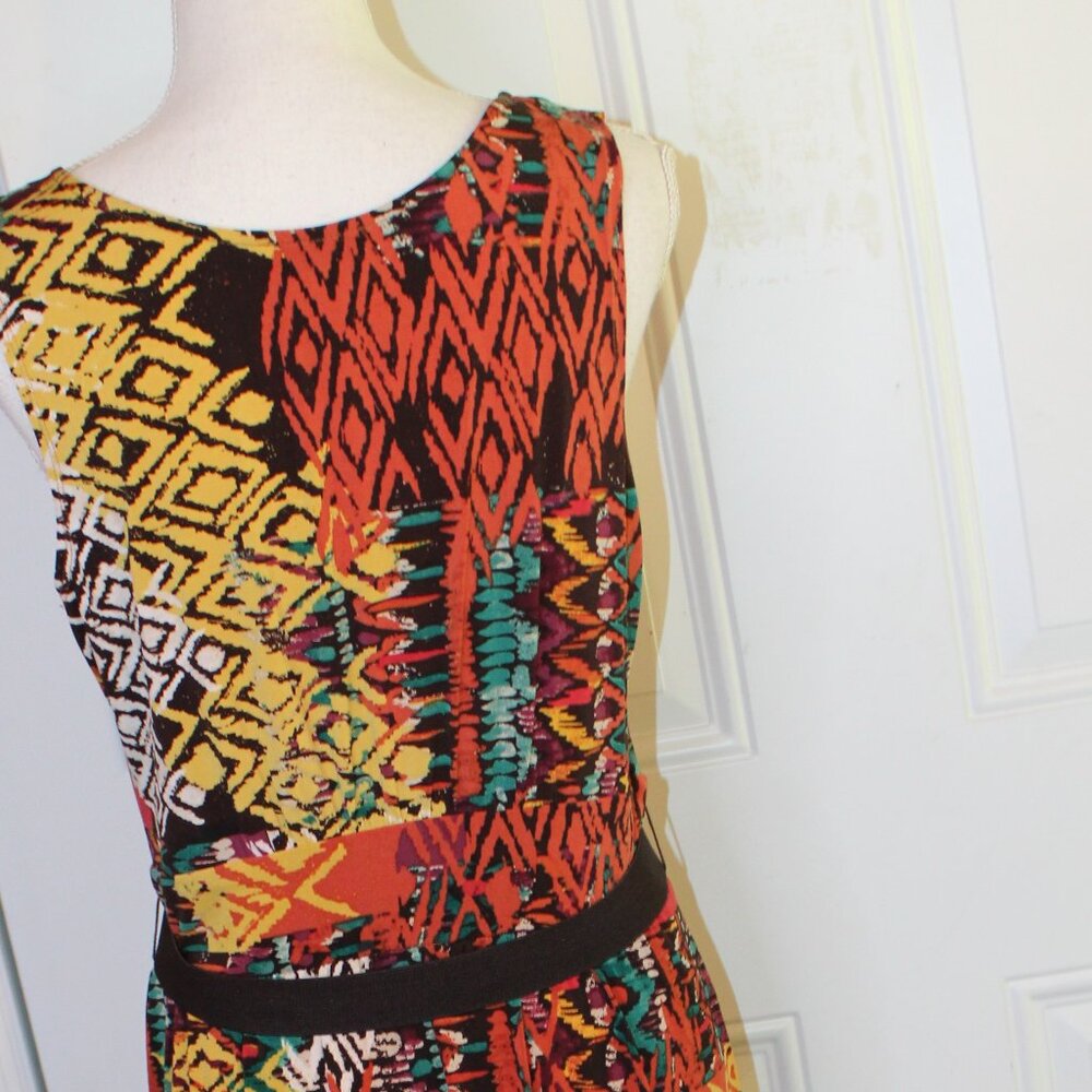 Robbi Bee Maxi Dress, Pull On Colorful Art Deco Knit Dress Size L - Picture 7 of 9